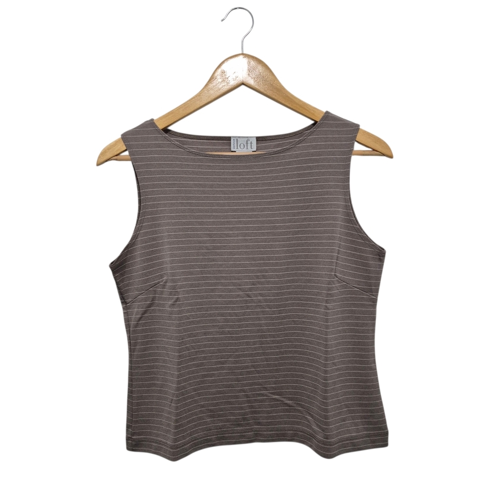 Ann Taylor LOFT Taupe Grey Stripe Sleeveless Shell Top SIZE SMALL minimalmist